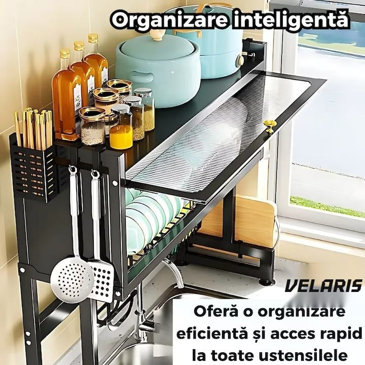 Scurgător de vase din inox, 3 niveluri, cu ușă rabatabilă anti-praf și suport lateral pentru cuțite