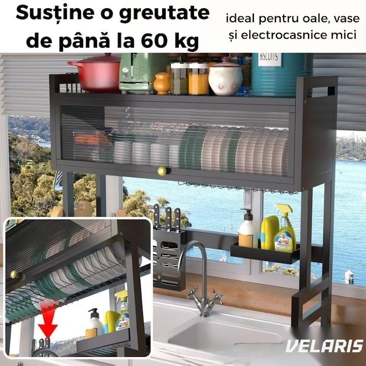 Scurgător de vase din inox, 3 niveluri, cu ușă rabatabilă anti-praf și suport lateral pentru cuțite