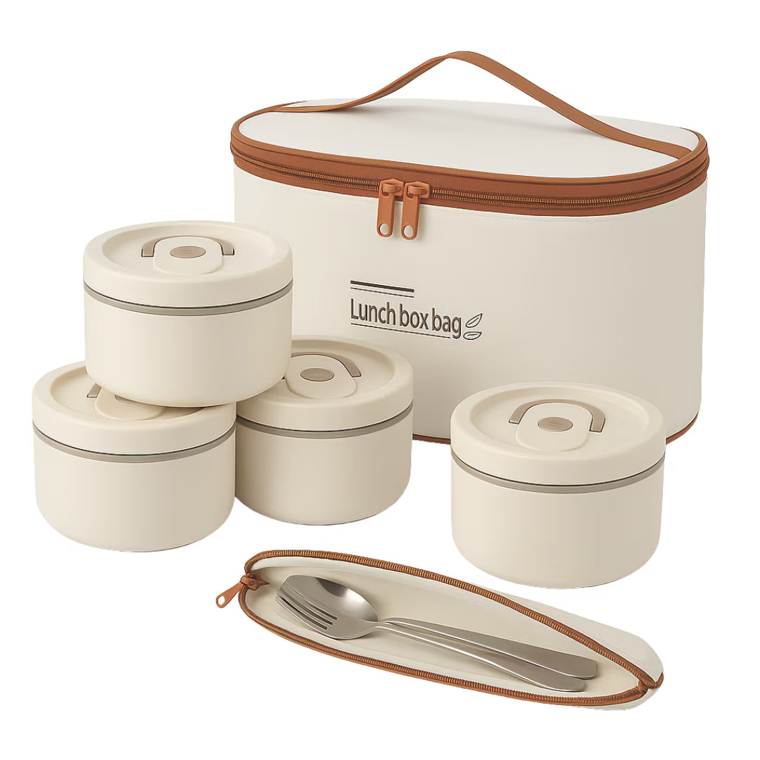 Set cutii termoizolante oțel inoxidabil 4 piese cu geantă, 450ml și 600ml, linguri și furculițe incluse
