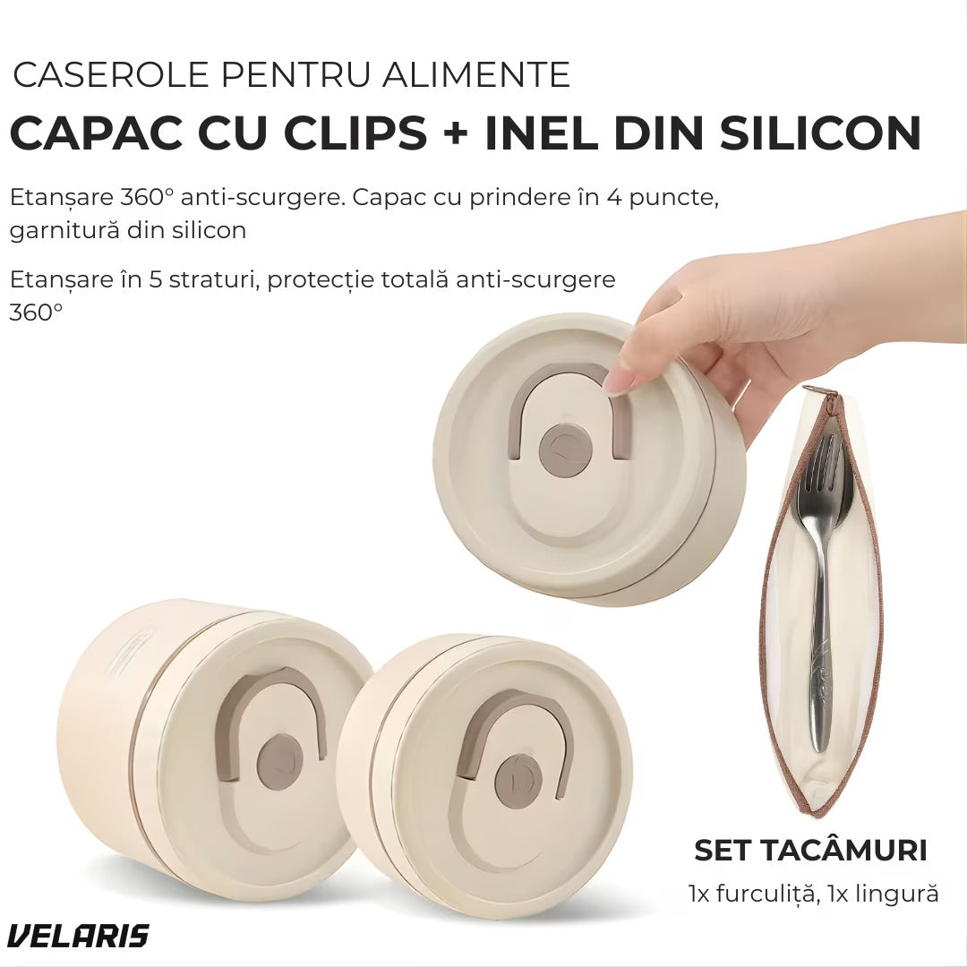 Set cutii termoizolante oțel inoxidabil 4 piese cu geantă, 450ml și 600ml, linguri și furculițe incluse