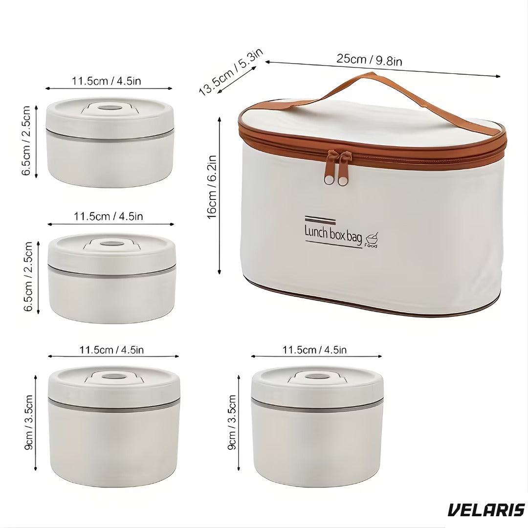 Set cutii termoizolante oțel inoxidabil 4 piese cu geantă, 450ml și 600ml, linguri și furculițe incluse