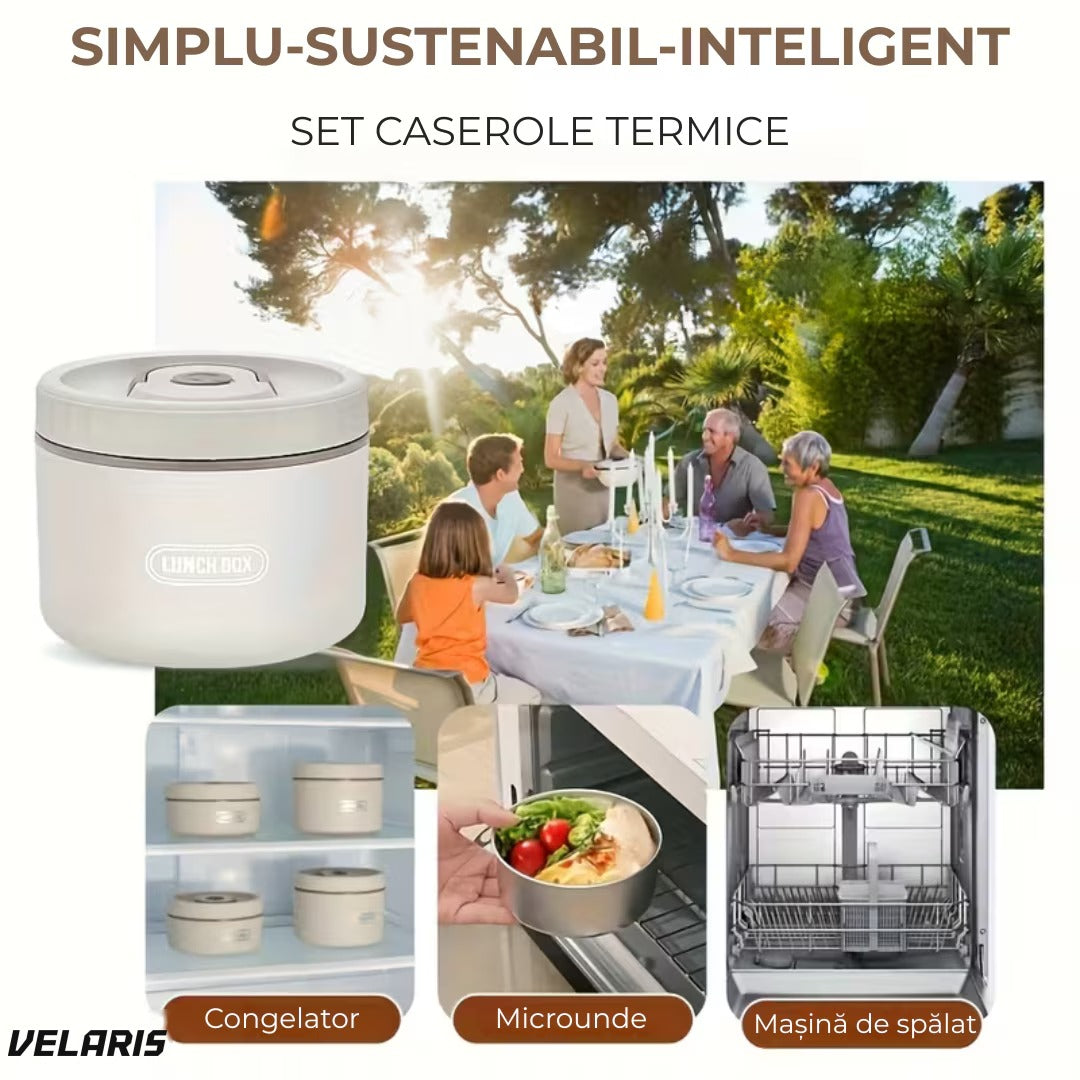 Set cutii termoizolante oțel inoxidabil 4 piese cu geantă, 450ml și 600ml, linguri și furculițe incluse