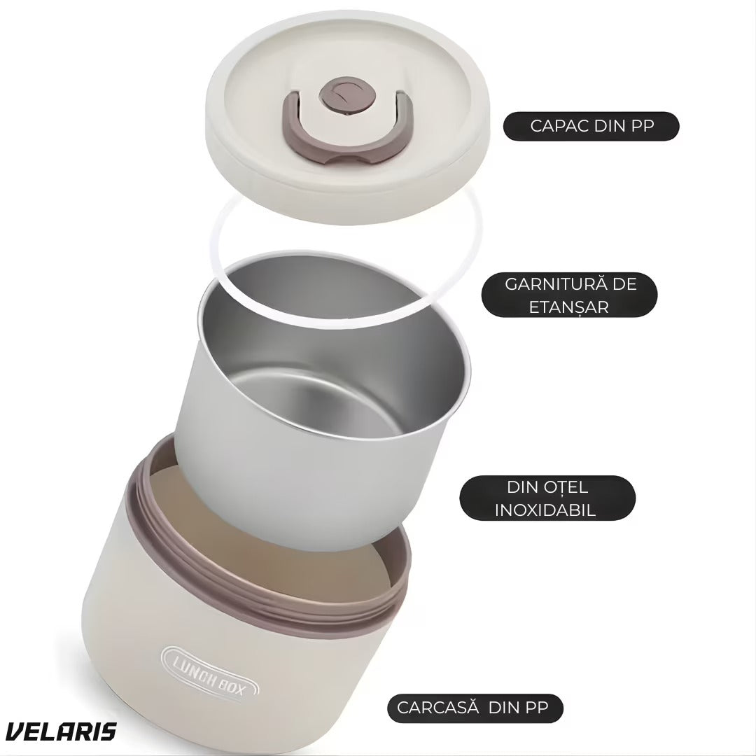 Set cutii termoizolante oțel inoxidabil 4 piese cu geantă, 450ml și 600ml, linguri și furculițe incluse