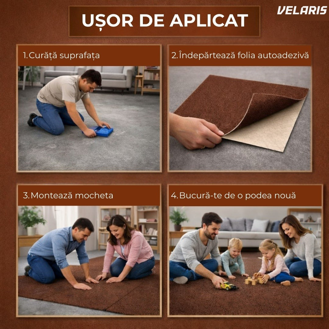 Covor scări autoadeziv 60x60 cm, gri, textura textilă, instalare rapidă