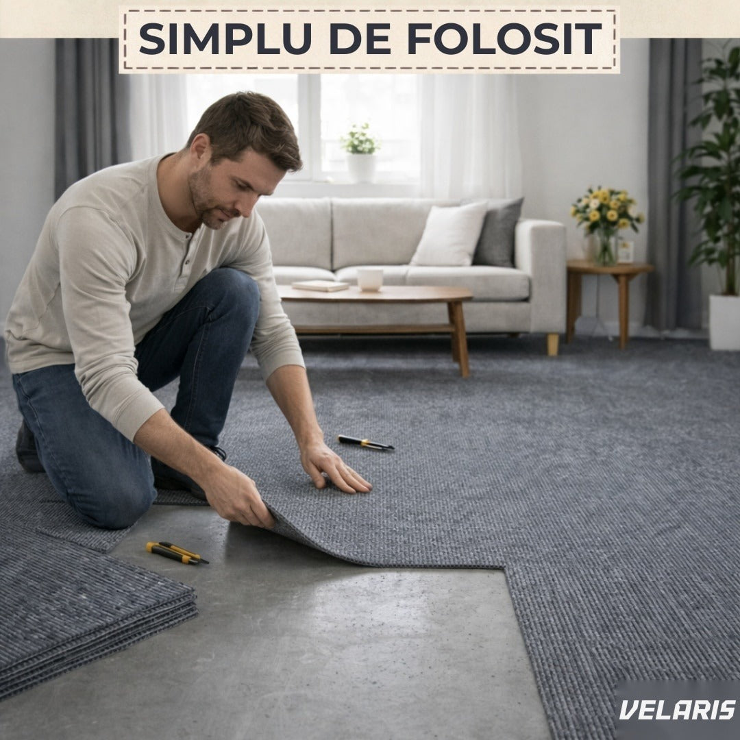 Covor pentru scări autoadeziv 60x60 cm, gri, plăci textile, ajustabil, instalare rapidă fără unelte