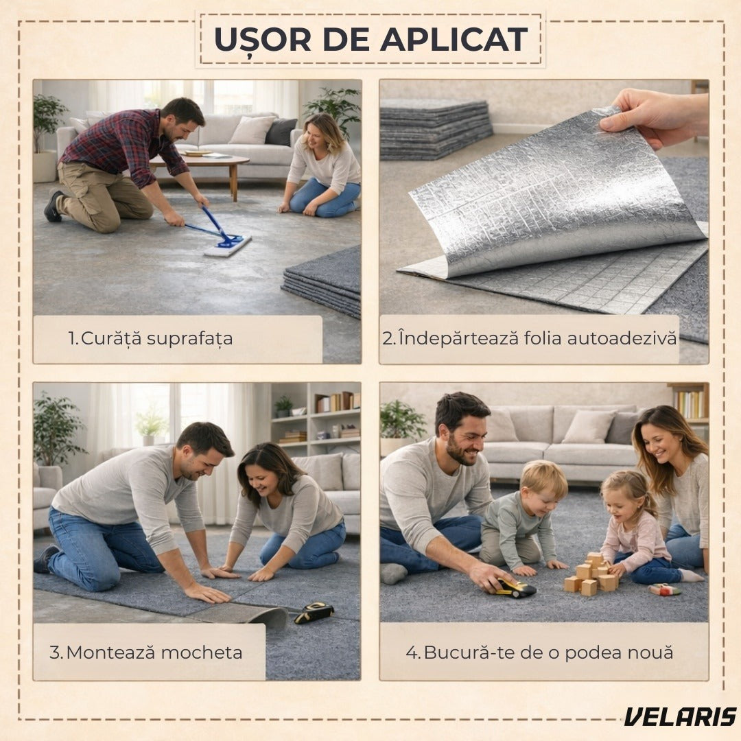 Covor pentru scări autoadeziv 60x60 cm, gri, plăci textile, ajustabil, instalare rapidă fără unelte