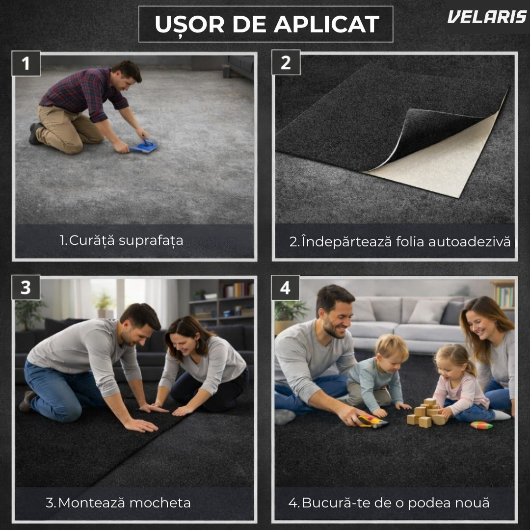 Covor scări autoadeziv 60x60 cm, gri, textura textilă, instalare rapidă
