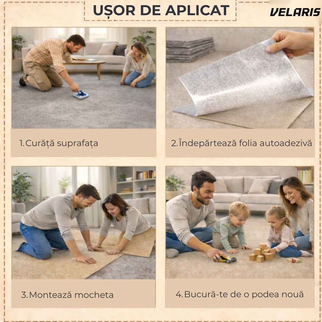 Covor scări autoadeziv 60x60 cm, gri, textura textilă, instalare rapidă