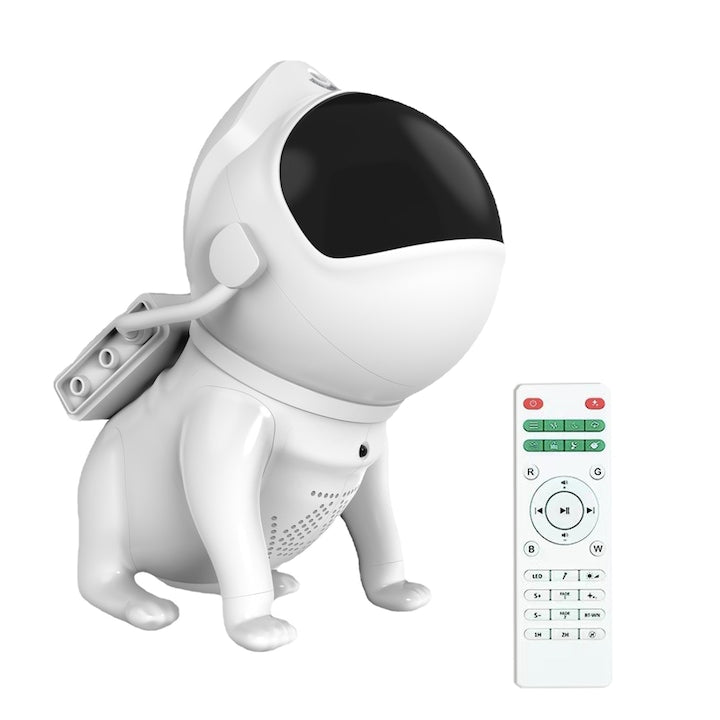Proiector stele Câine Astronaut cu lumină de noapte, Bluetooth și 15 moduri de iluminare, alb