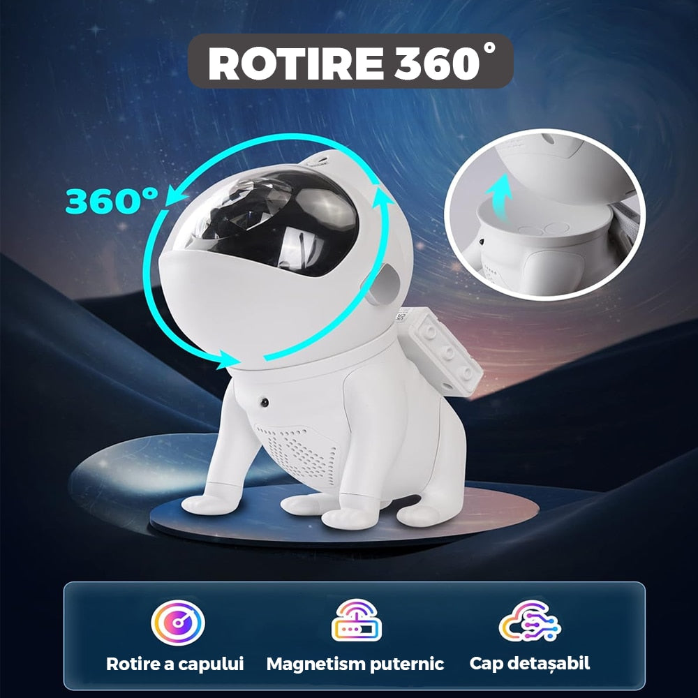 Proiector stele Câine Astronaut cu lumină de noapte, Bluetooth și 15 moduri de iluminare, alb