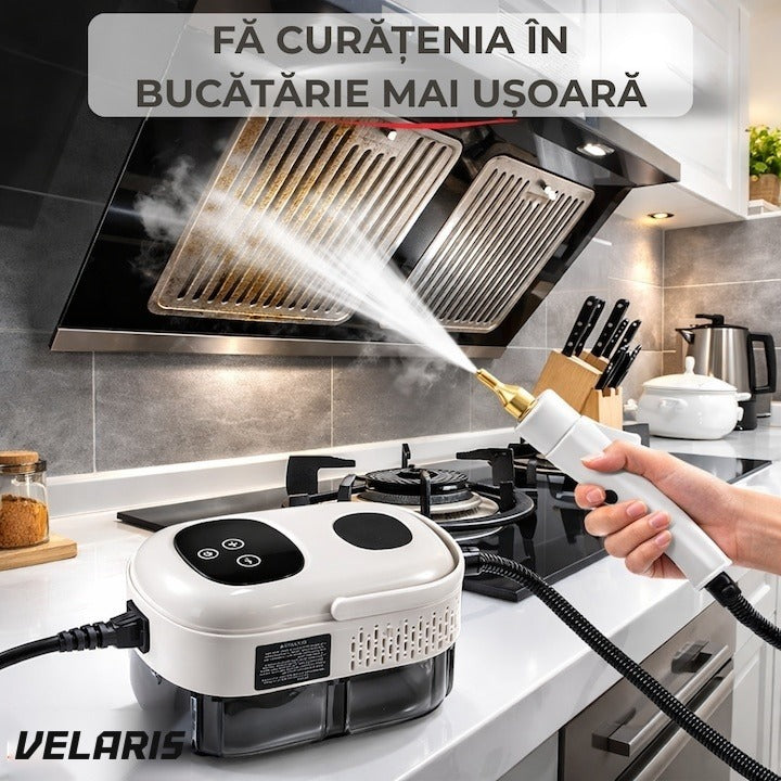 Aparat de curățat cu abur profesional, rezervor mare, 9 accesorii, jet puternic, alb
