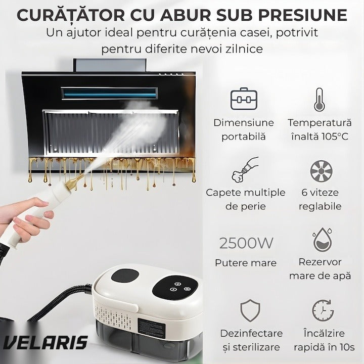 Aparat de curățat cu abur profesional, rezervor mare, 9 accesorii, jet puternic, alb