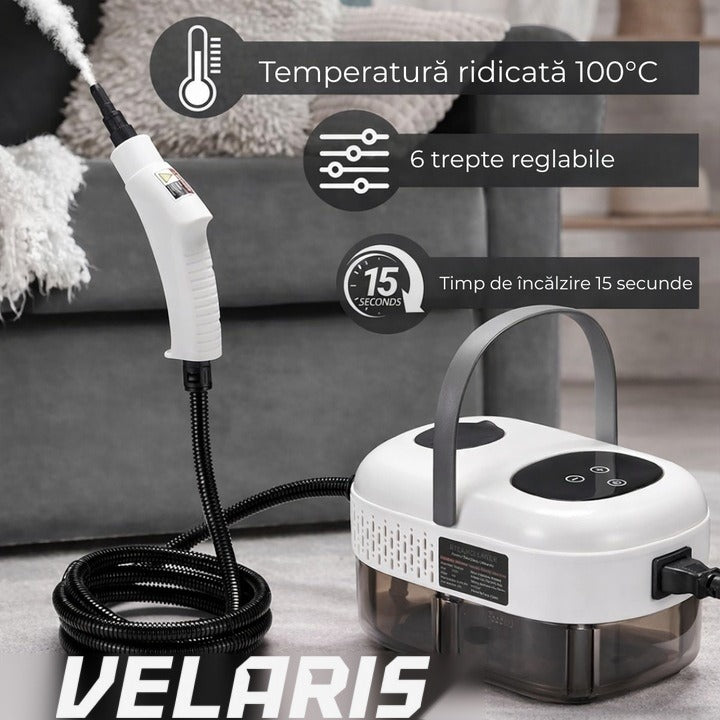 Aparat de curățat cu abur profesional, rezervor mare, 9 accesorii, jet puternic, alb