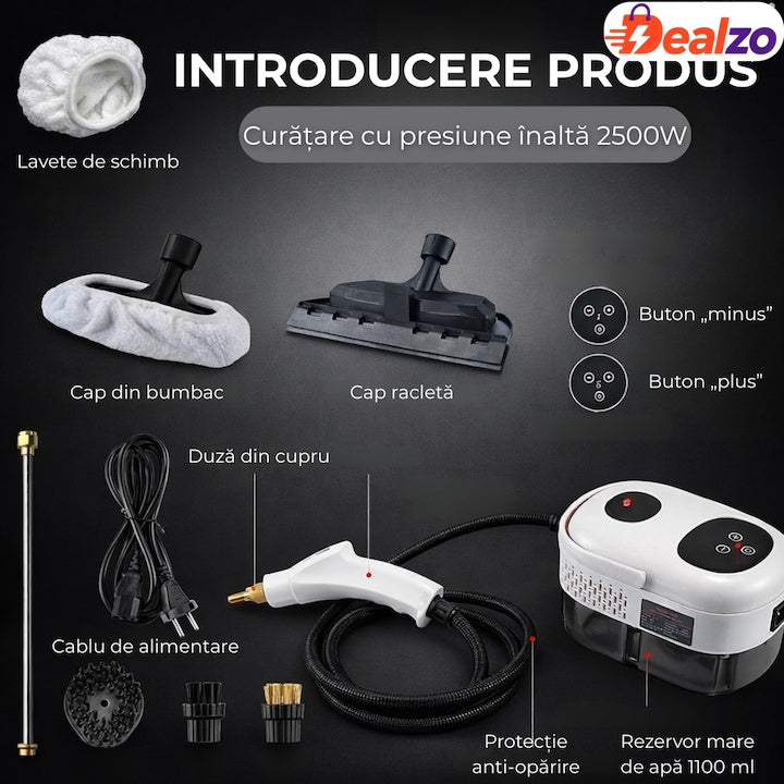 Aparat de curățat cu abur profesional, rezervor mare, 9 accesorii, jet puternic, alb