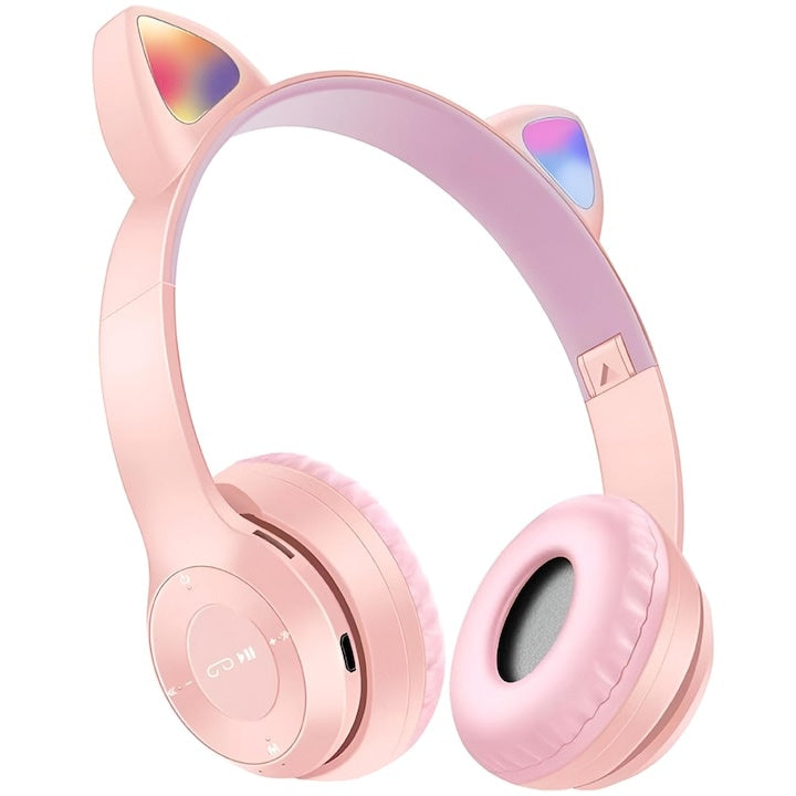 Căști wireless stereo P47, urechi de pisică, Bluetooth 5.0, radio FM, pliabile, roz