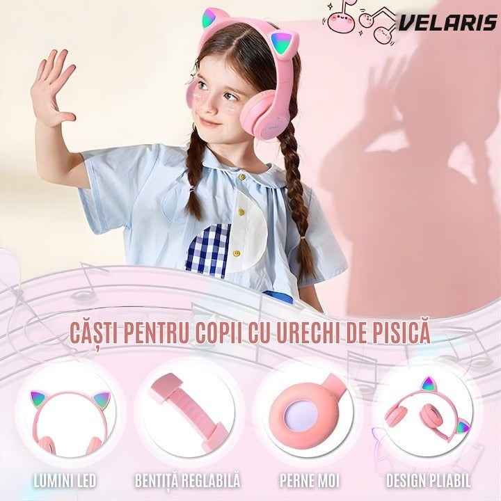 Căști wireless stereo P47, urechi de pisică, Bluetooth 5.0, radio FM, pliabile, roz