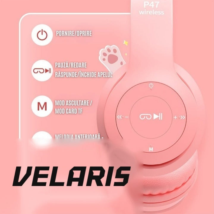 Căști wireless stereo P47, urechi de pisică, Bluetooth 5.0, radio FM, pliabile, roz
