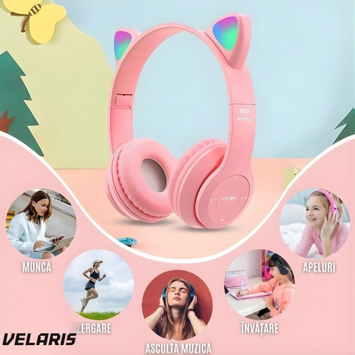 Căști wireless stereo P47, urechi de pisică, Bluetooth 5.0, radio FM, pliabile, roz