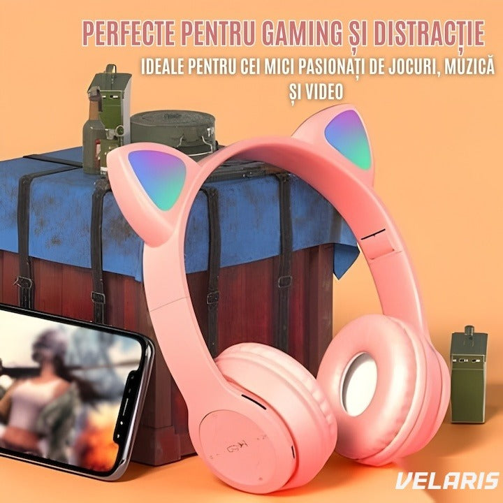 Căști wireless stereo P47, urechi de pisică, Bluetooth 5.0, radio FM, pliabile, roz