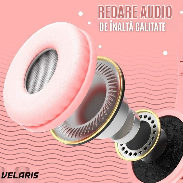 Căști wireless stereo P47, urechi de pisică, Bluetooth 5.0, radio FM, pliabile, roz