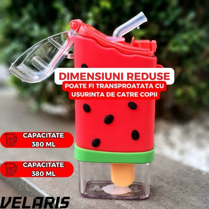 Sticla de Apa pentru Copii Forma Inghetata Pepene, 300 ml, Fara BPA, Anti-Scurgere, Capac Etans, Pai Incorporat, Usor de Curatat, Rosu