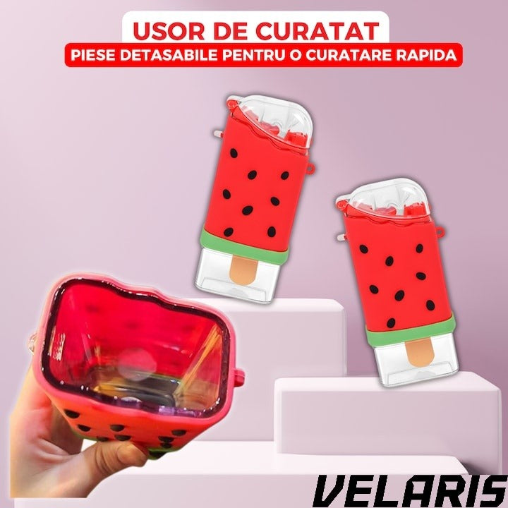 Sticla de Apa pentru Copii Forma Inghetata Pepene, 300 ml, Fara BPA, Anti-Scurgere, Capac Etans, Pai Incorporat, Usor de Curatat, Rosu