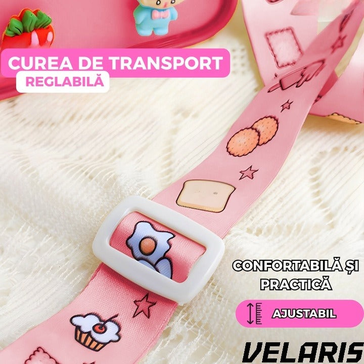 Sticla de Apa pentru Copii Forma Toast, 380 ml, Fara BPA, Anti-Scurgere, Capac Etans, Curea Reglabila de Transport, Usor de Curatat, Roz