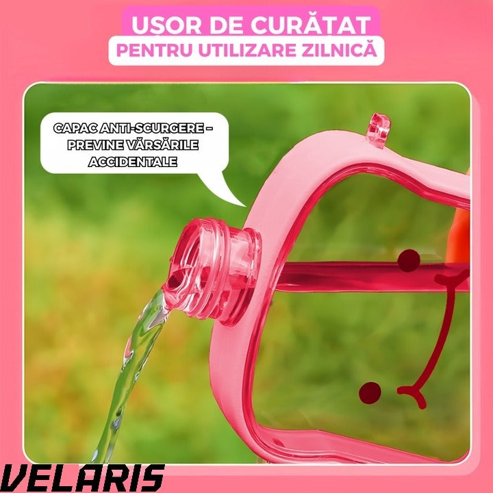 Sticla de Apa pentru Copii Forma Toast, 380 ml, Fara BPA, Anti-Scurgere, Capac Etans, Curea Reglabila de Transport, Usor de Curatat, Roz