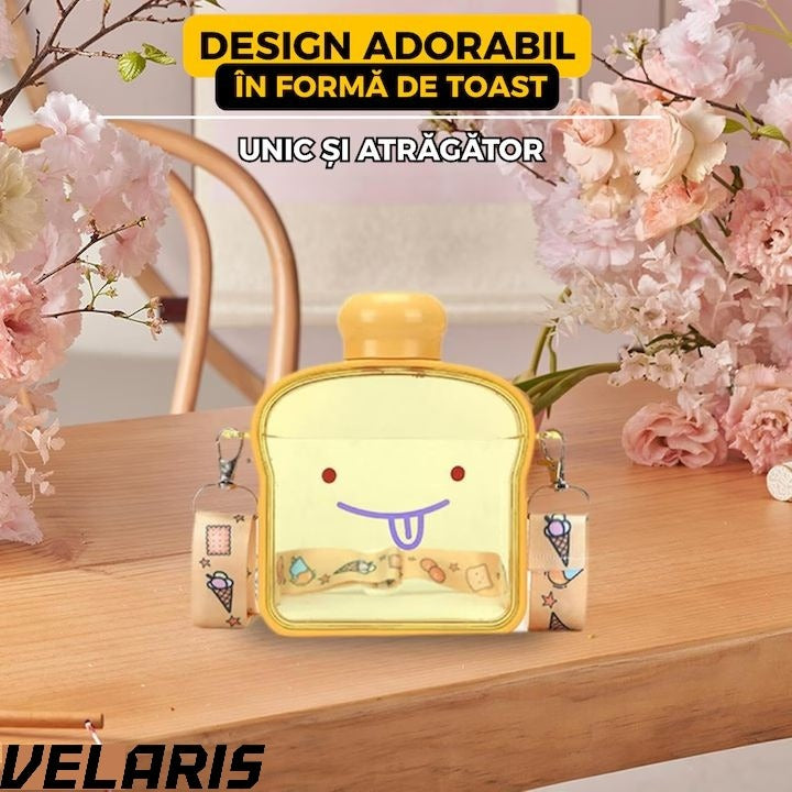 Sticla de Apa pentru Copii Forma Toast, 380 ml, Fara BPA, Anti-Scurgere, Capac Etans, Curea Reglabila de Transport, Usor de Curatat, Galben