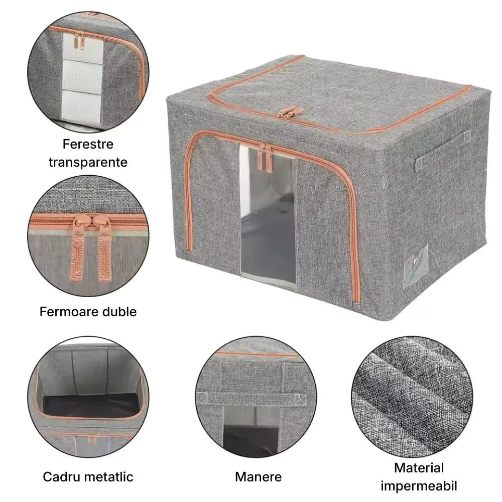 Cutie depozitare 66L textil pliabilă cu fermoar, geam transparent și cadru metal