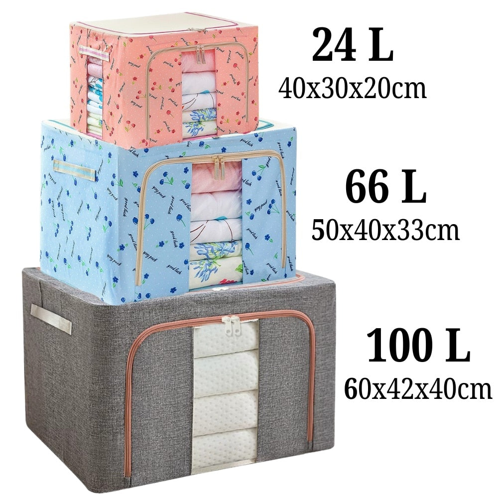 Organizator depozitare 100 litri, cutie textilă pliabilă cu fermoar și cadru metal