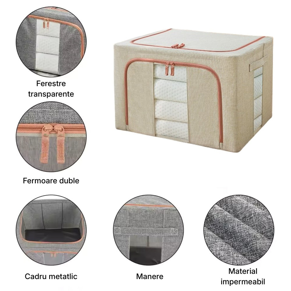 Organizator depozitare 100 litri, cutie textilă pliabilă cu fermoar și cadru metal