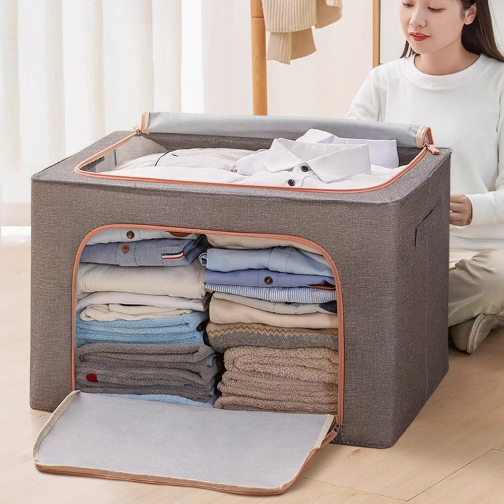 Cutie depozitare 100L pliabilă cu fermoar, panou transparent și cadru metal