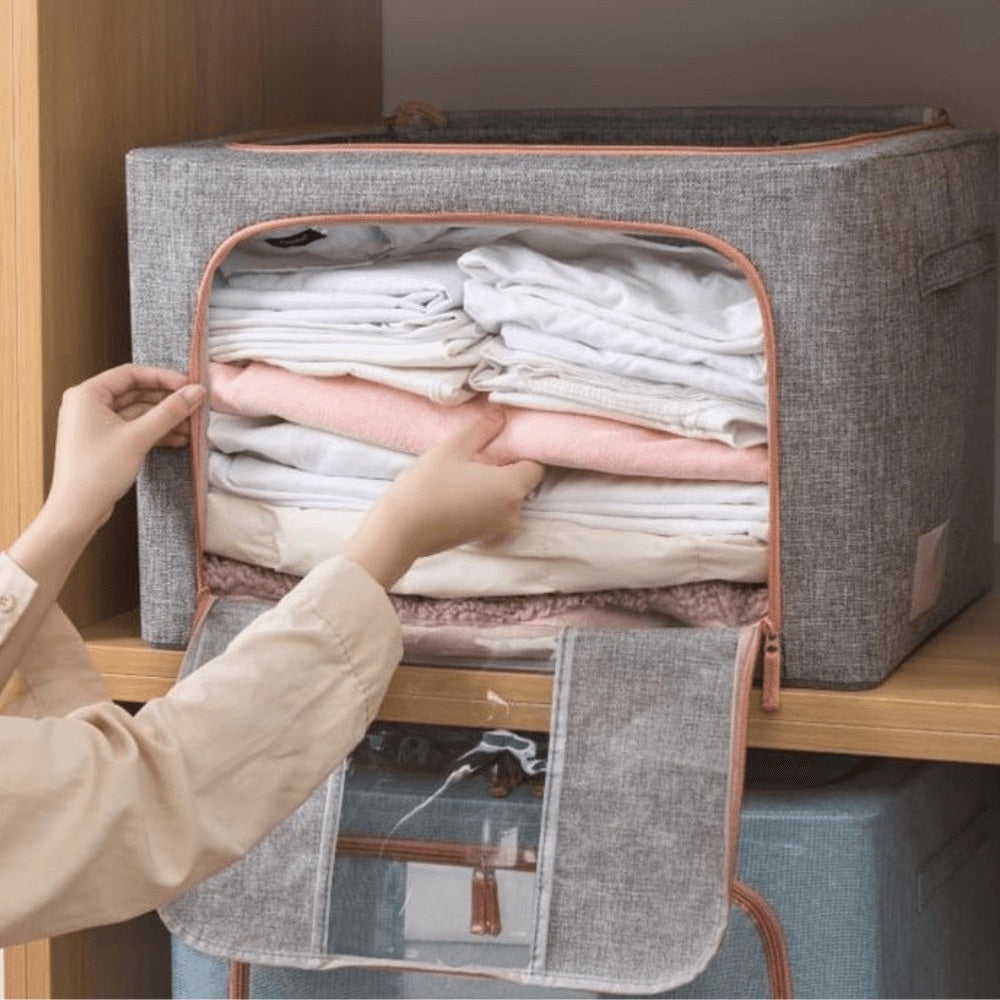 Cutie depozitare 100L pliabilă cu fermoar, panou transparent și cadru metal