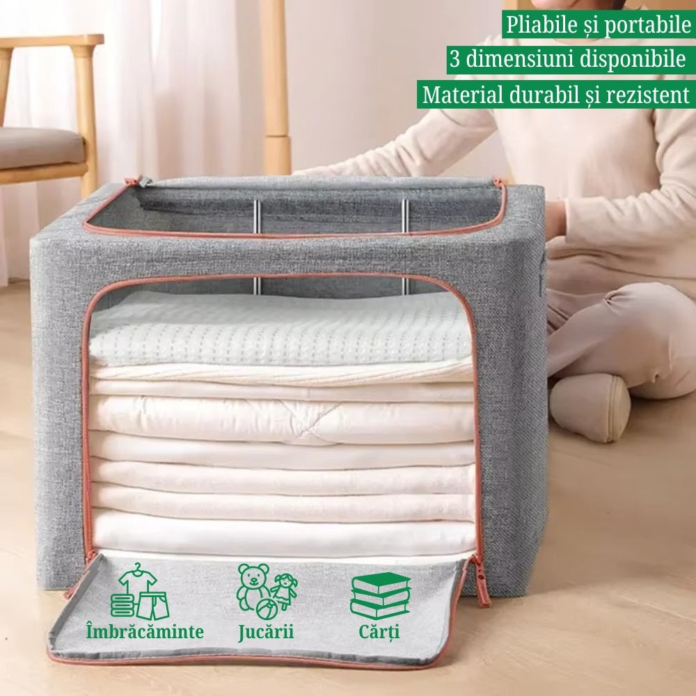 Cutie depozitare 100L pliabilă cu fermoar, panou transparent și cadru metal