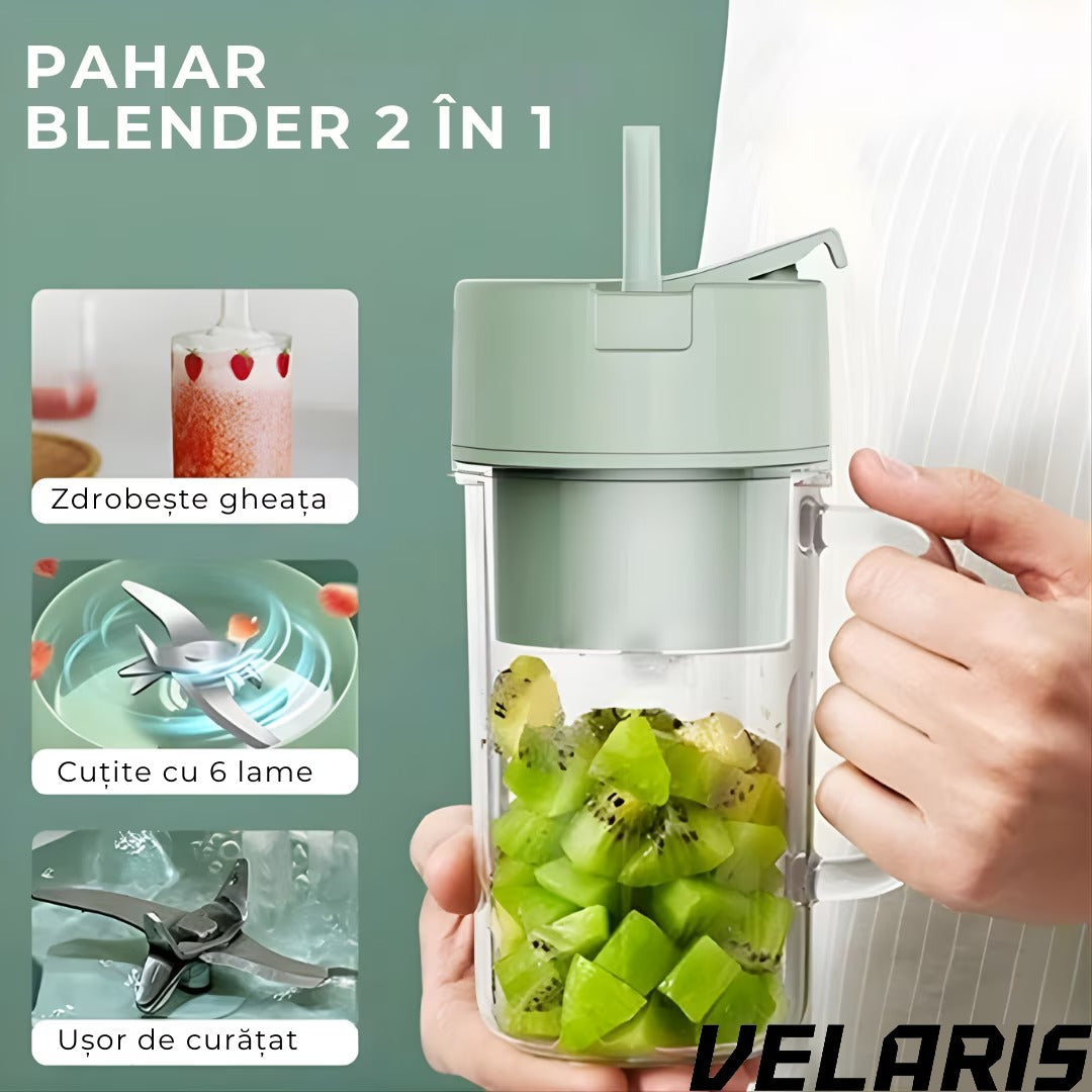 Storcator De Citrice Portabil din Plastic cu Acumulator, Blender Reincarcabil USB, 6 Lame din Otel Inoxidabil, BPA Free, Anti-scurgere, Capac cu Pai, Capacitate 420 ml, Smoothie-uri si Sucuri