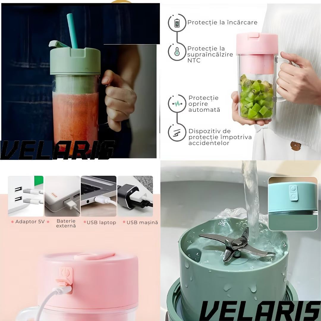 Storcator De Citrice Portabil din Plastic cu Acumulator, Blender Reincarcabil USB, 6 Lame din Otel Inoxidabil, BPA Free, Anti-scurgere, Capac cu Pai, Capacitate 420 ml, Smoothie-uri si Sucuri