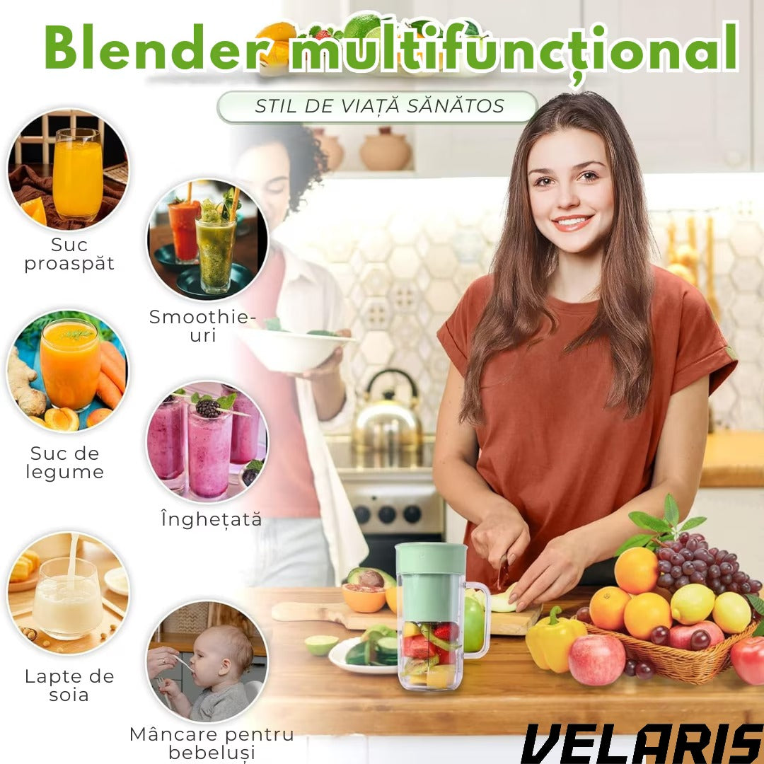 Storcator De Citrice Portabil din Plastic cu Acumulator, Blender Reincarcabil USB, 6 Lame din Otel Inoxidabil, BPA Free, Anti-scurgere, Capac cu Pai, Capacitate 420 ml, Smoothie-uri si Sucuri