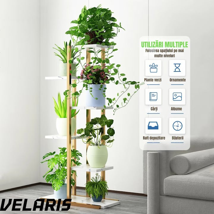 Suport ghivece flori si plante cu 6 rafturi, design modern alb si maro, cadru metalic stabil, 113x60x20 cm, pentru interior si exterior