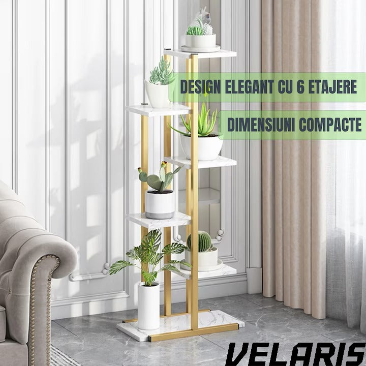 Suport ghivece flori si plante cu 6 rafturi, design modern alb si maro, cadru metalic stabil, 113x60x20 cm, pentru interior si exterior