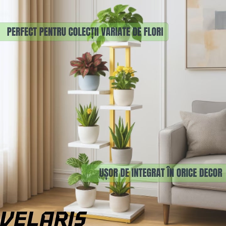 Suport ghivece flori si plante cu 6 rafturi, design modern alb si maro, cadru metalic stabil, 113x60x20 cm, pentru interior si exterior