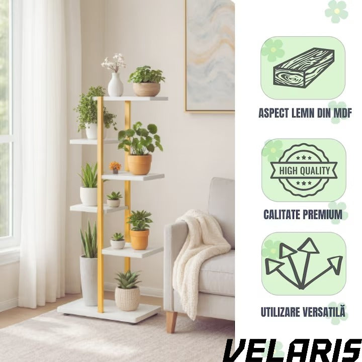 Suport ghivece flori si plante cu 6 rafturi, design modern alb si maro, cadru metalic stabil, 113x60x20 cm, pentru interior si exterior
