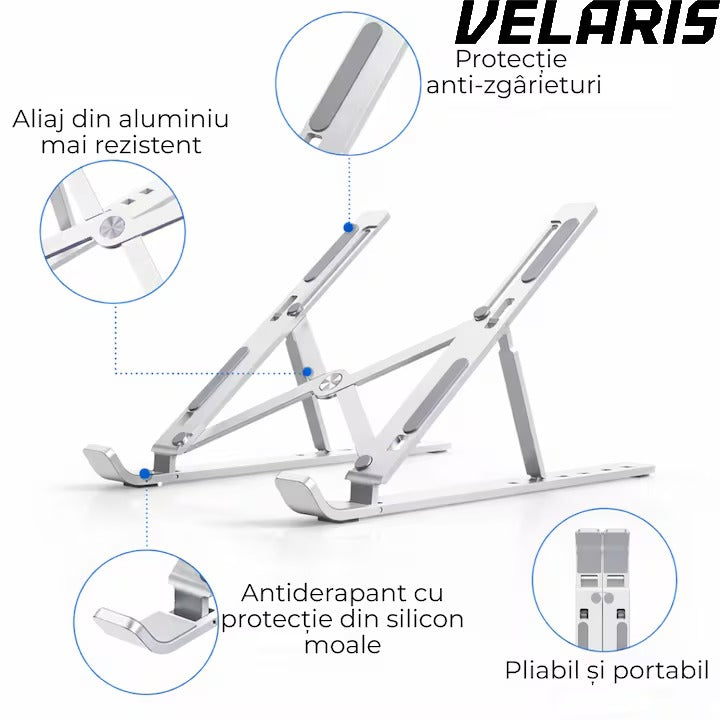 Suport laptop ergonomic din aluminiu,ajustabil 6 nivele, husa de protectie, disipare caldura, antialunecare, compatibil 10-15.6 inch, argintiu