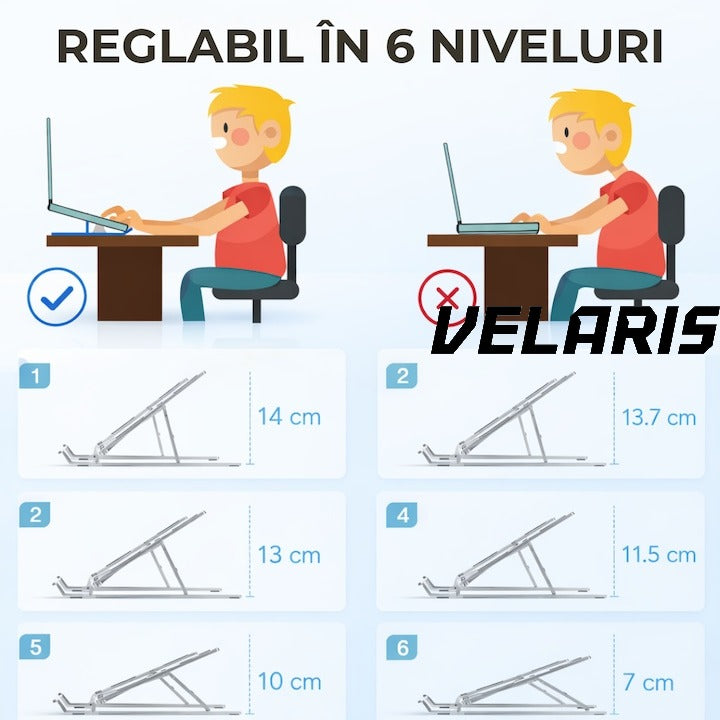 Suport laptop ergonomic din aluminiu,ajustabil 6 nivele, husa de protectie, disipare caldura, antialunecare, compatibil 10-15.6 inch, argintiu