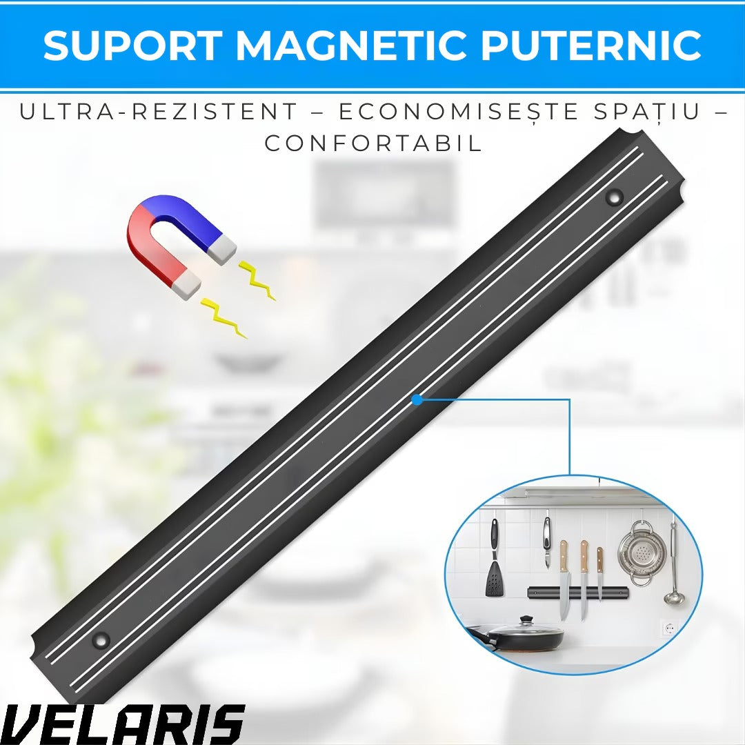 Suport Magnetic pentru Bucatarie, 38x5cm, Argintiu, Magnet Dublu Puternic, Montaj pe Perete