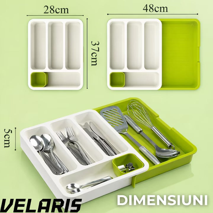 Suport modular extensibil pentru tacamuri, 29-48 cm, ABS, alb-verde, organizator sertare