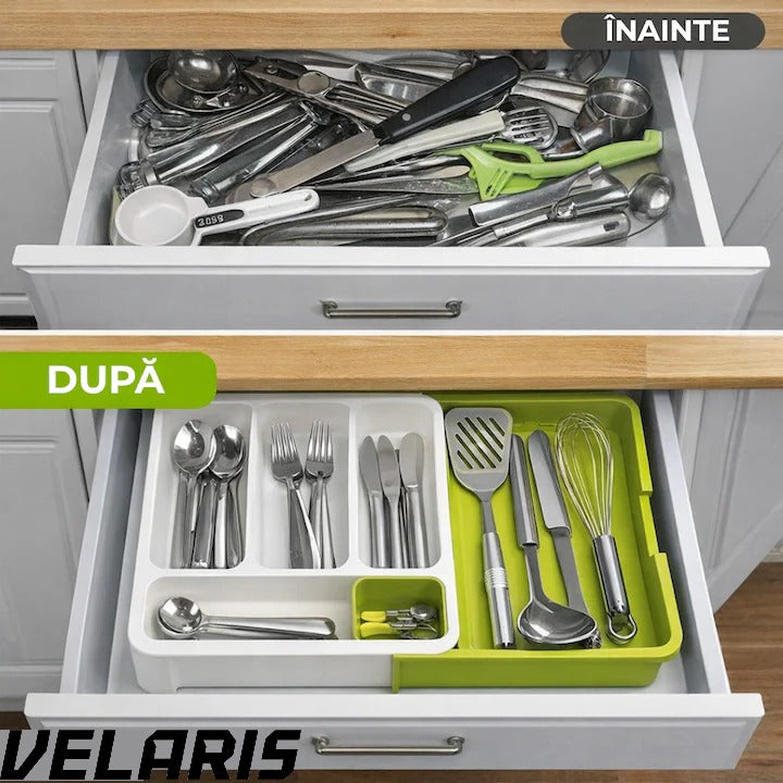 Suport modular extensibil pentru tacamuri, 29-48 cm, ABS, alb-verde, organizator sertare