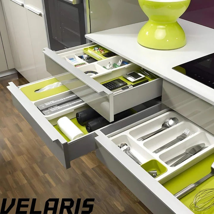 Suport modular extensibil pentru tacamuri, 29-48 cm, ABS, alb-verde, organizator sertare