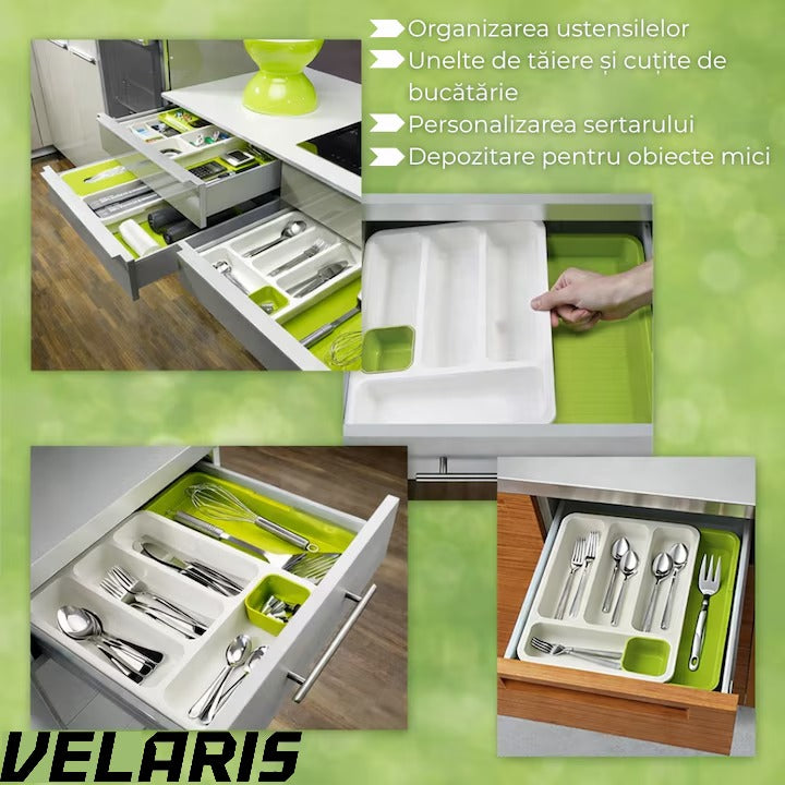 Suport modular extensibil pentru tacamuri, 29-48 cm, ABS, alb-verde, organizator sertare