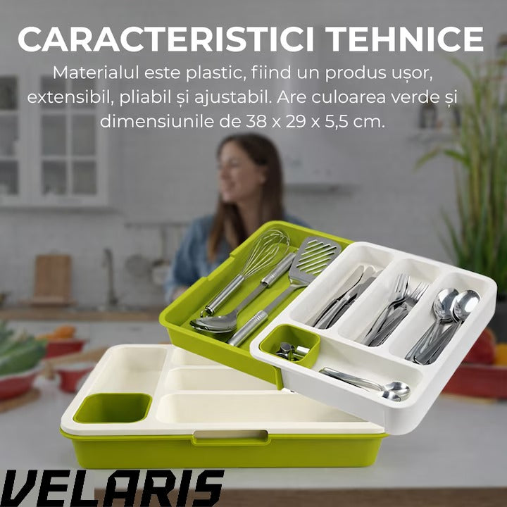 Suport modular extensibil pentru tacamuri, 29-48 cm, ABS, alb-verde, organizator sertare